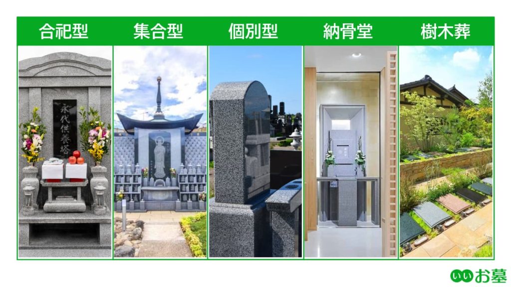 永代供養墓の主な種類は5つ（合祀型・集合型・個別型・納骨堂型・樹木葬型）